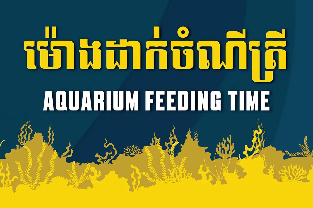 Colorful aquarium feeding time sign at Angkor Wildlife & Aquarium, showcasing marine life and conservation efforts.